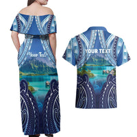 Personalised French Polynesia Bora Bora Couples Matching Off Shoulder Maxi Dress and Hawaiian Shirt Beach Landscape Polynesian Style