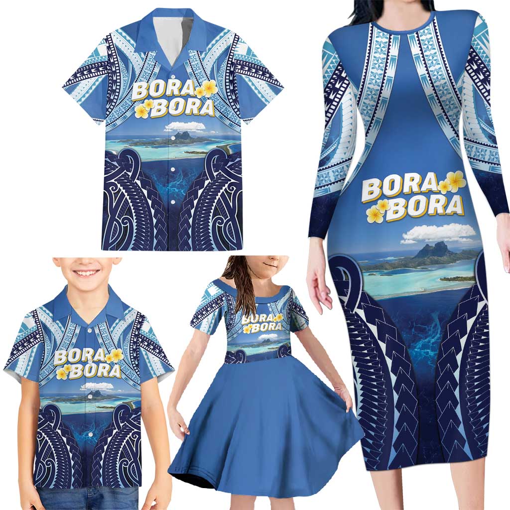 Personalised French Polynesia Bora Bora Family Matching Long Sleeve Bodycon Dress and Hawaiian Shirt Beach Landscape Polynesian Style