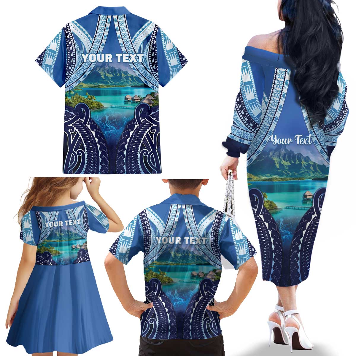 Personalised French Polynesia Bora Bora Family Matching Off The Shoulder Long Sleeve Dress and Hawaiian Shirt Beach Landscape Polynesian Style