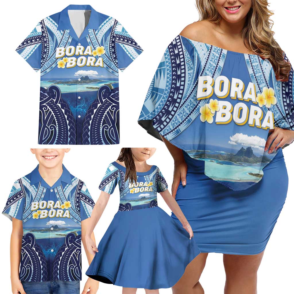 Personalised French Polynesia Bora Bora Family Matching Off Shoulder Short Dress and Hawaiian Shirt Beach Landscape Polynesian Style