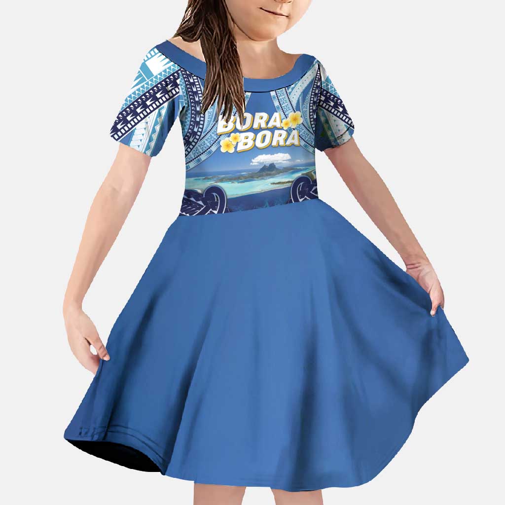 Personalised French Polynesia Bora Bora Family Matching Short Sleeve Bodycon Dress and Hawaiian Shirt Beach Landscape Polynesian Style LT05 Daughter's Dress Blue - Polynesian Pride