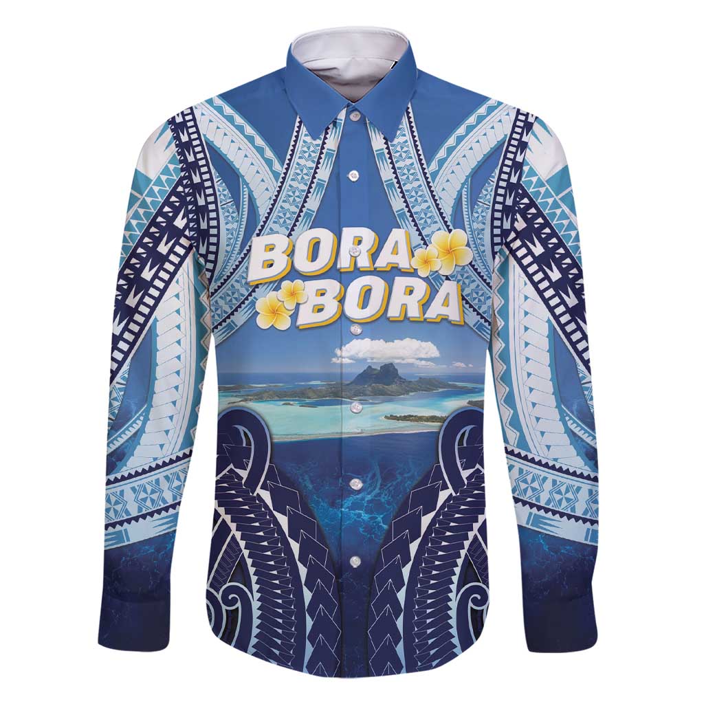 Personalised French Polynesia Bora Bora Family Matching Short Sleeve Bodycon Dress and Hawaiian Shirt Beach Landscape Polynesian Style LT05 Dad's Shirt - Long Sleeve Blue - Polynesian Pride