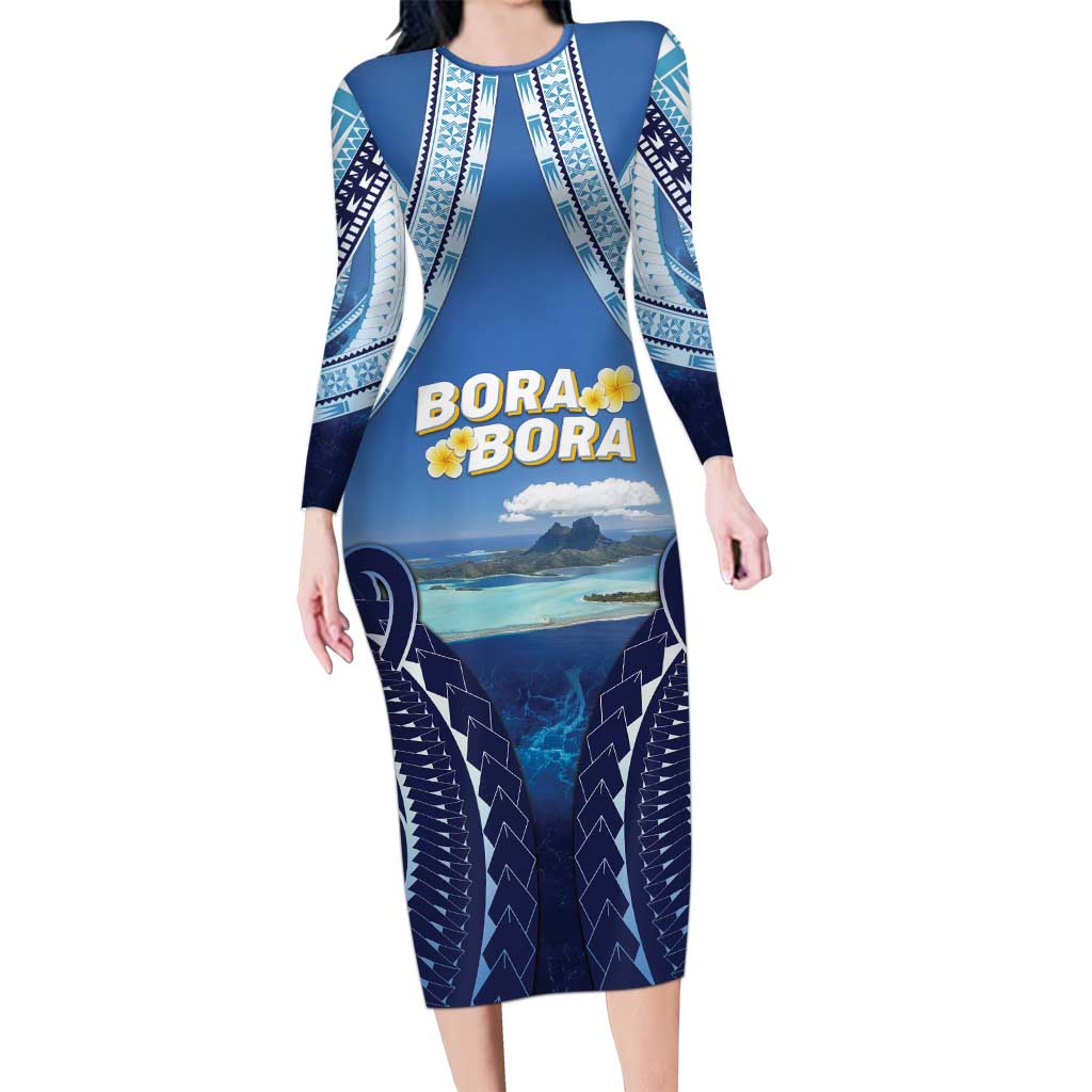 Personalised French Polynesia Bora Bora Long Sleeve Bodycon Dress Beach Landscape Polynesian Style