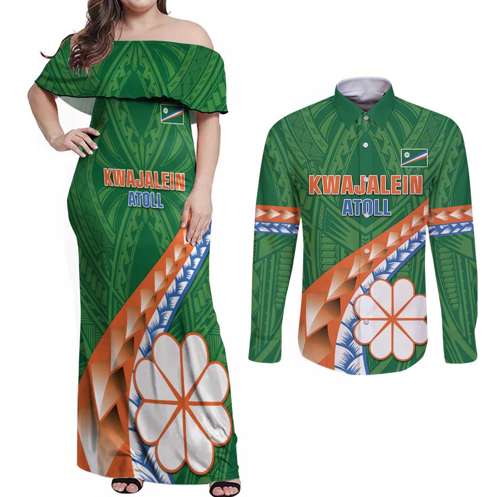 Personalised Marshall Islands Kwajalein Atoll Couples Matching Off Shoulder Maxi Dress and Long Sleeve Button Shirt Polynesian Tribal Tattoo