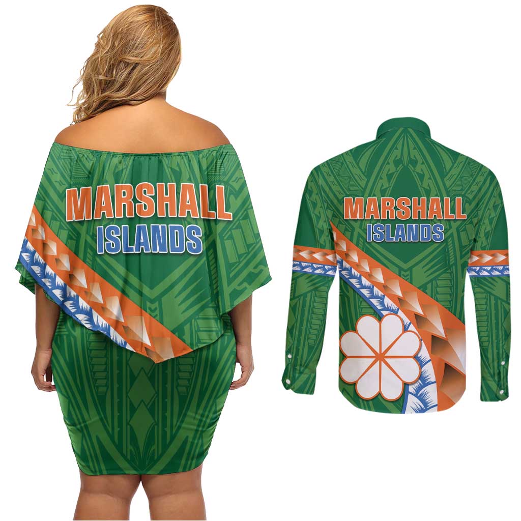 Personalised Marshall Islands Kwajalein Atoll Couples Matching Off Shoulder Short Dress and Long Sleeve Button Shirt Polynesian Tribal Tattoo
