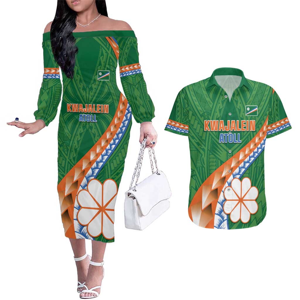 Personalised Marshall Islands Kwajalein Atoll Couples Matching Off The Shoulder Long Sleeve Dress and Hawaiian Shirt Polynesian Tribal Tattoo