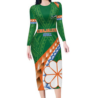 Personalised Marshall Islands Kwajalein Atoll Family Matching Long Sleeve Bodycon Dress and Hawaiian Shirt Polynesian Tribal Tattoo LT05 Mom's Dress Green - Polynesian Pride