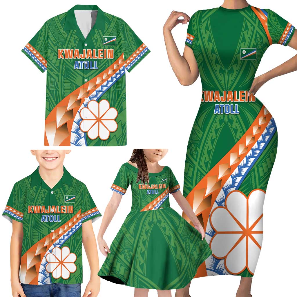 Personalised Marshall Islands Kwajalein Atoll Family Matching Short Sleeve Bodycon Dress and Hawaiian Shirt Polynesian Tribal Tattoo