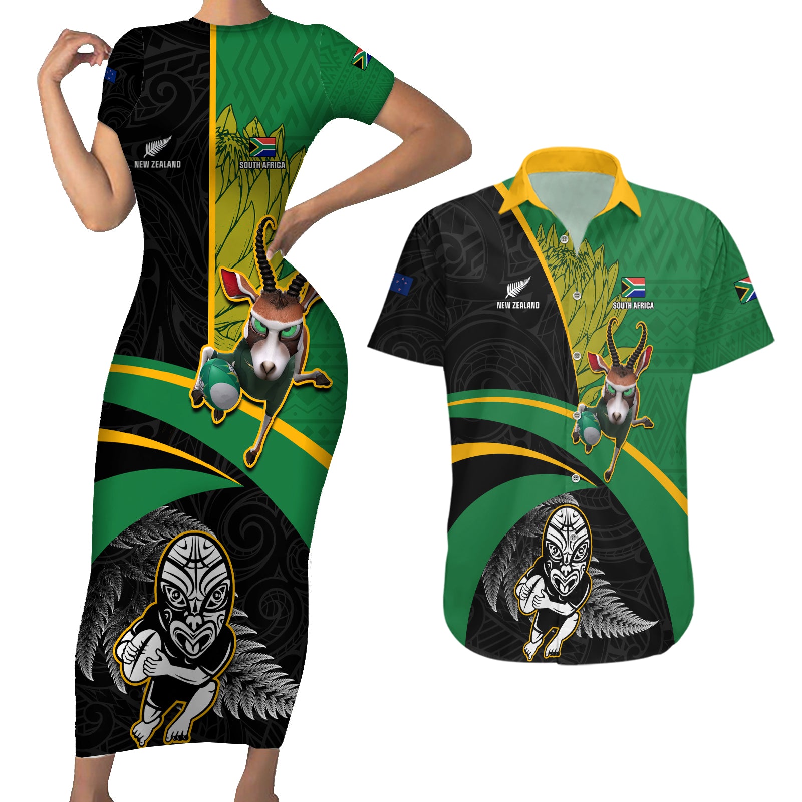 Custom New Zealand And South Africa Rugby Couples Matching Short Sleeve Bodycon Dress and Hawaiian Shirt 2023 Springboks Combine All Black Silver Fern LT05 Green - Polynesian Pride