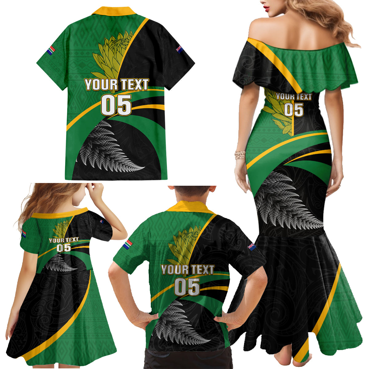 Custom New Zealand And South Africa Rugby Family Matching Mermaid Dress and Hawaiian Shirt 2023 Springboks Combine All Black Silver Fern LT05 - Polynesian Pride