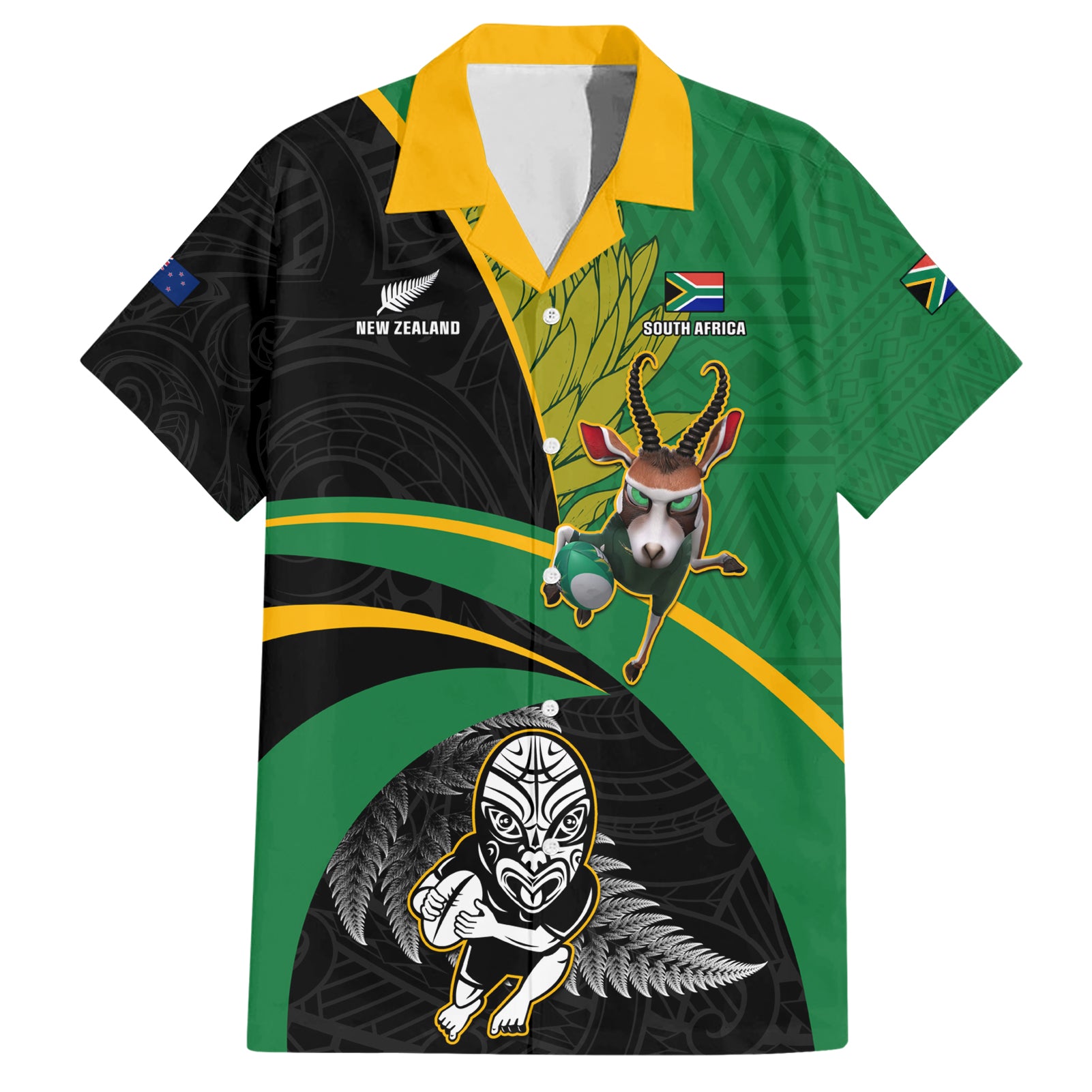 Custom New Zealand And South Africa Rugby Hawaiian Shirt 2023 Springboks Combine All Black Silver Fern LT05 Green - Polynesian Pride