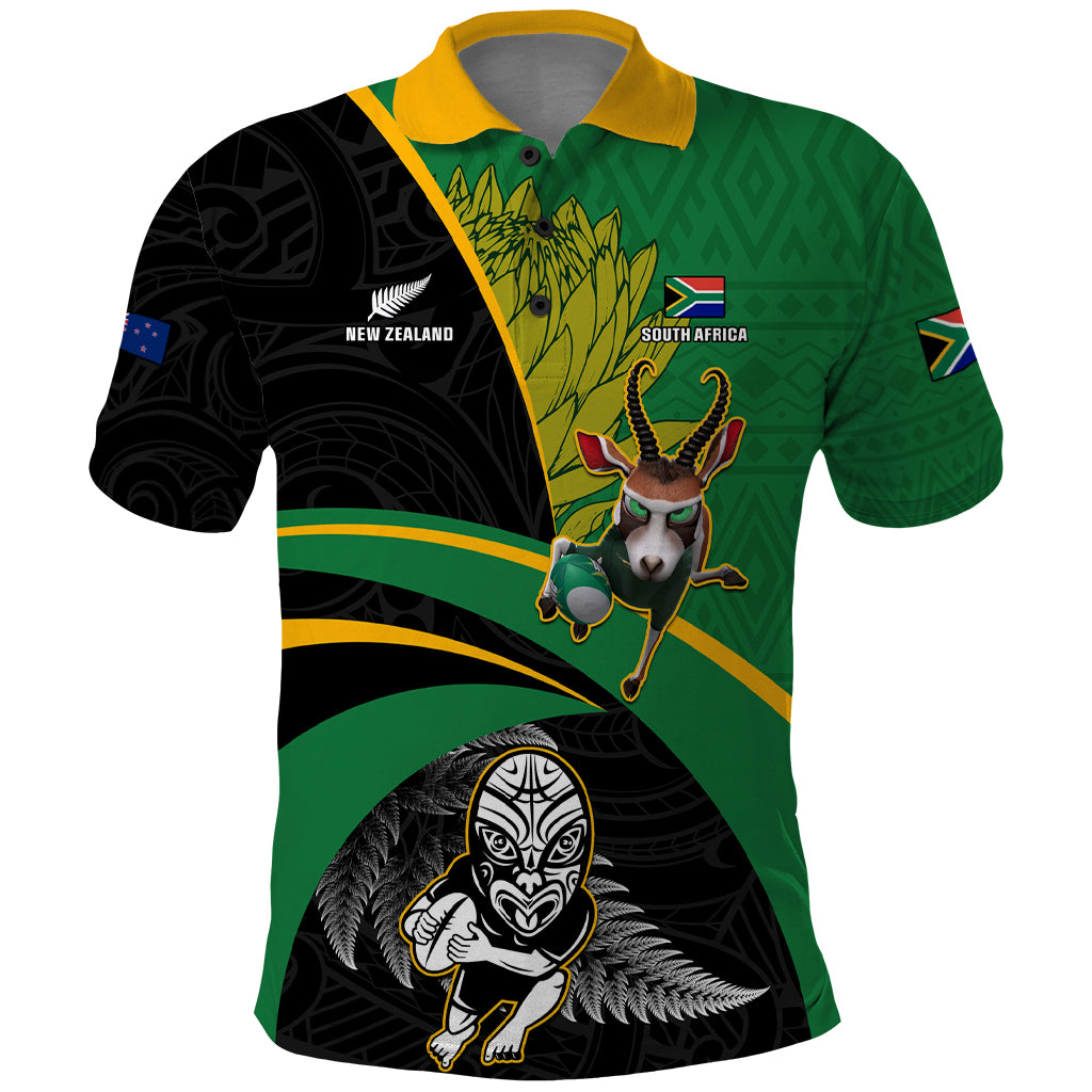 Custom New Zealand And South Africa Rugby Polo Shirt 2023 Springboks Combine All Black Silver Fern LT05 Green - Polynesian Pride