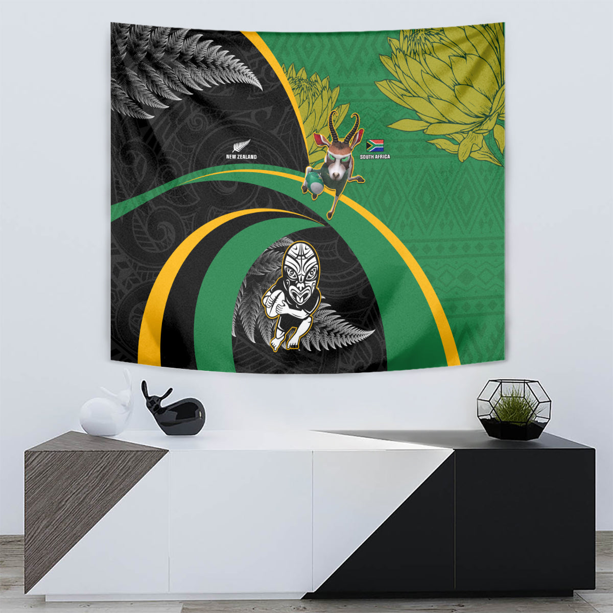 New Zealand And South Africa Rugby Tapestry 2023 Springboks Combine All Black Silver Fern LT05 - Polynesian Pride