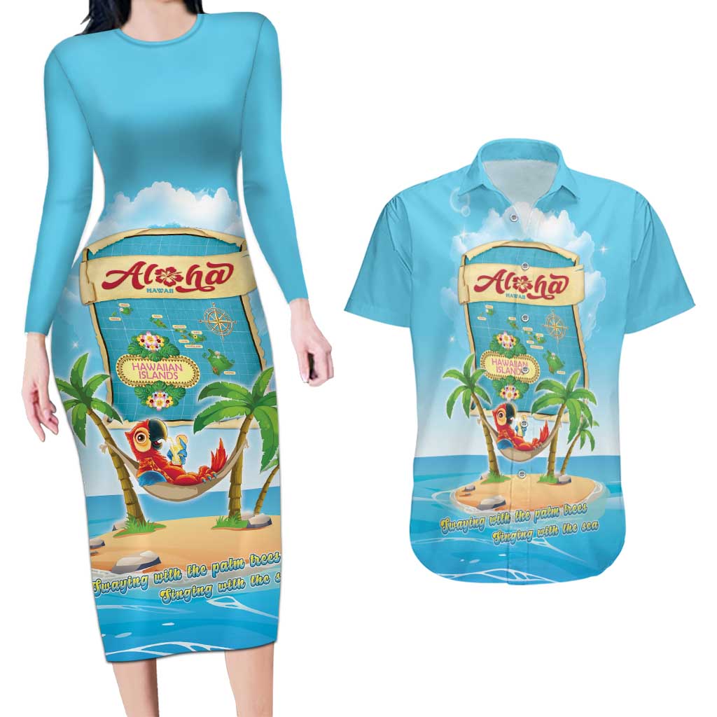 Aloha Hawaii Couples Matching Long Sleeve Bodycon Dress and Hawaiian Shirt Funny Macaw Parrot Tropical Vibe