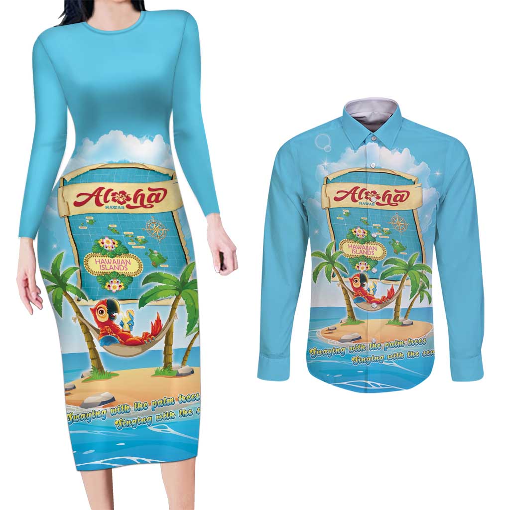 Aloha Hawaii Couples Matching Long Sleeve Bodycon Dress and Long Sleeve Button Shirt Funny Macaw Parrot Tropical Vibe