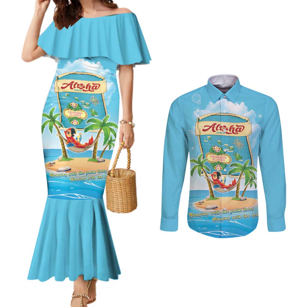 Aloha Hawaii Couples Matching Mermaid Dress and Long Sleeve Button Shirt Funny Macaw Parrot Tropical Vibe