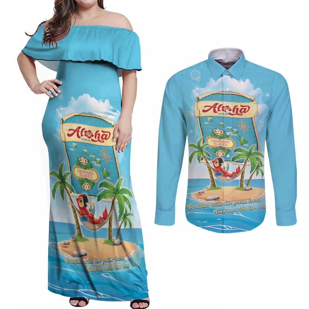 Aloha Hawaii Couples Matching Off Shoulder Maxi Dress and Long Sleeve Button Shirt Funny Macaw Parrot Tropical Vibe