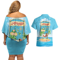 Aloha Hawaii Couples Matching Off Shoulder Short Dress and Hawaiian Shirt Funny Macaw Parrot Tropical Vibe