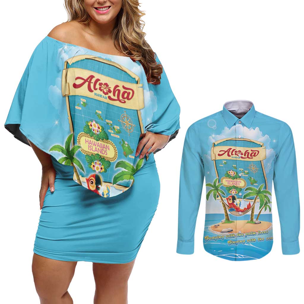 Aloha Hawaii Couples Matching Off Shoulder Short Dress and Long Sleeve Button Shirt Funny Macaw Parrot Tropical Vibe