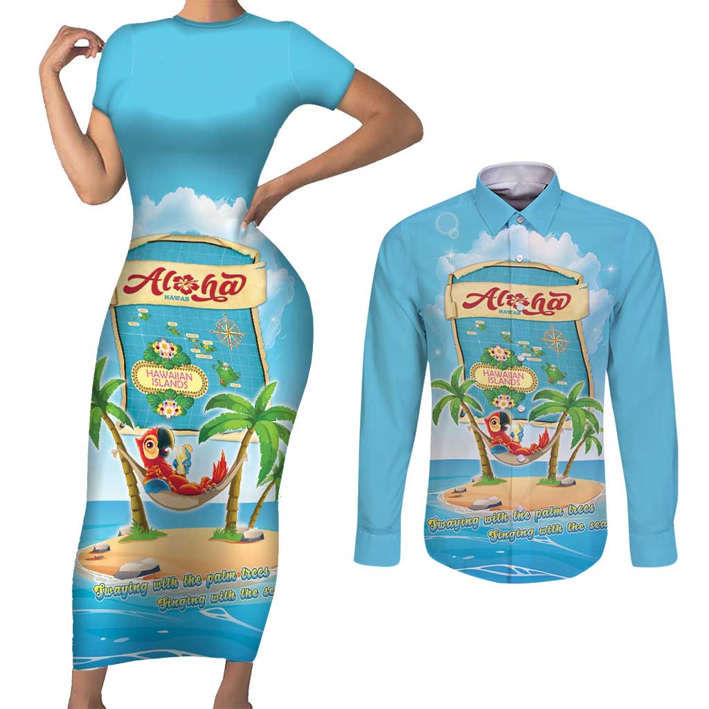 Aloha Hawaii Couples Matching Short Sleeve Bodycon Dress and Long Sleeve Button Shirt Funny Macaw Parrot Tropical Vibe