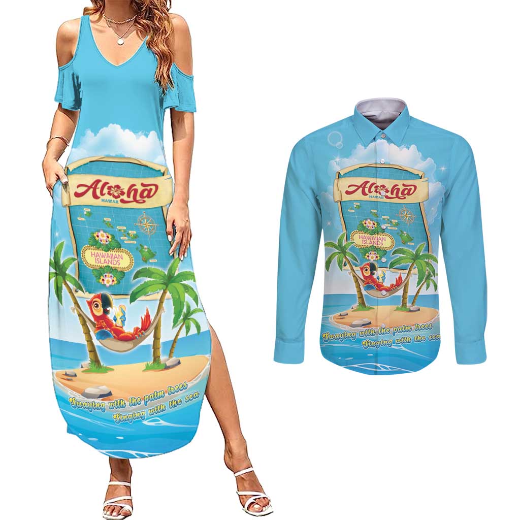 Aloha Hawaii Couples Matching Summer Maxi Dress and Long Sleeve Button Shirt Funny Macaw Parrot Tropical Vibe