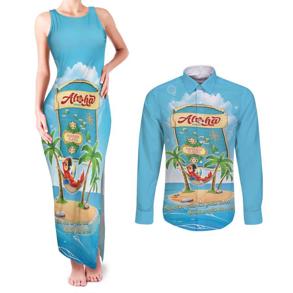 Aloha Hawaii Couples Matching Tank Maxi Dress and Long Sleeve Button Shirt Funny Macaw Parrot Tropical Vibe