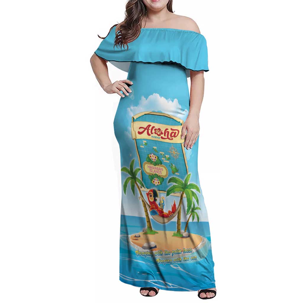 Aloha Hawaii Family Matching Off Shoulder Maxi Dress and Hawaiian Shirt Funny Macaw Parrot Tropical Vibe