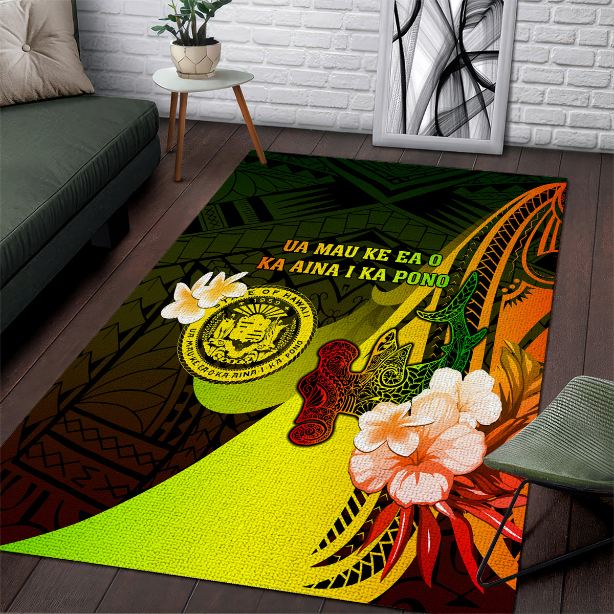 Hawaii State Motto Area Rug Hawaiian Tribal Reggae Hammerhead Shark LT05 Reggae - Polynesian Pride