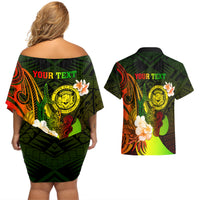 Personalised Hawaii State Motto Couples Matching Off Shoulder Short Dress and Hawaiian Shirt Hawaiian Tribal Reggae Hammerhead Shark LT05 - Polynesian Pride
