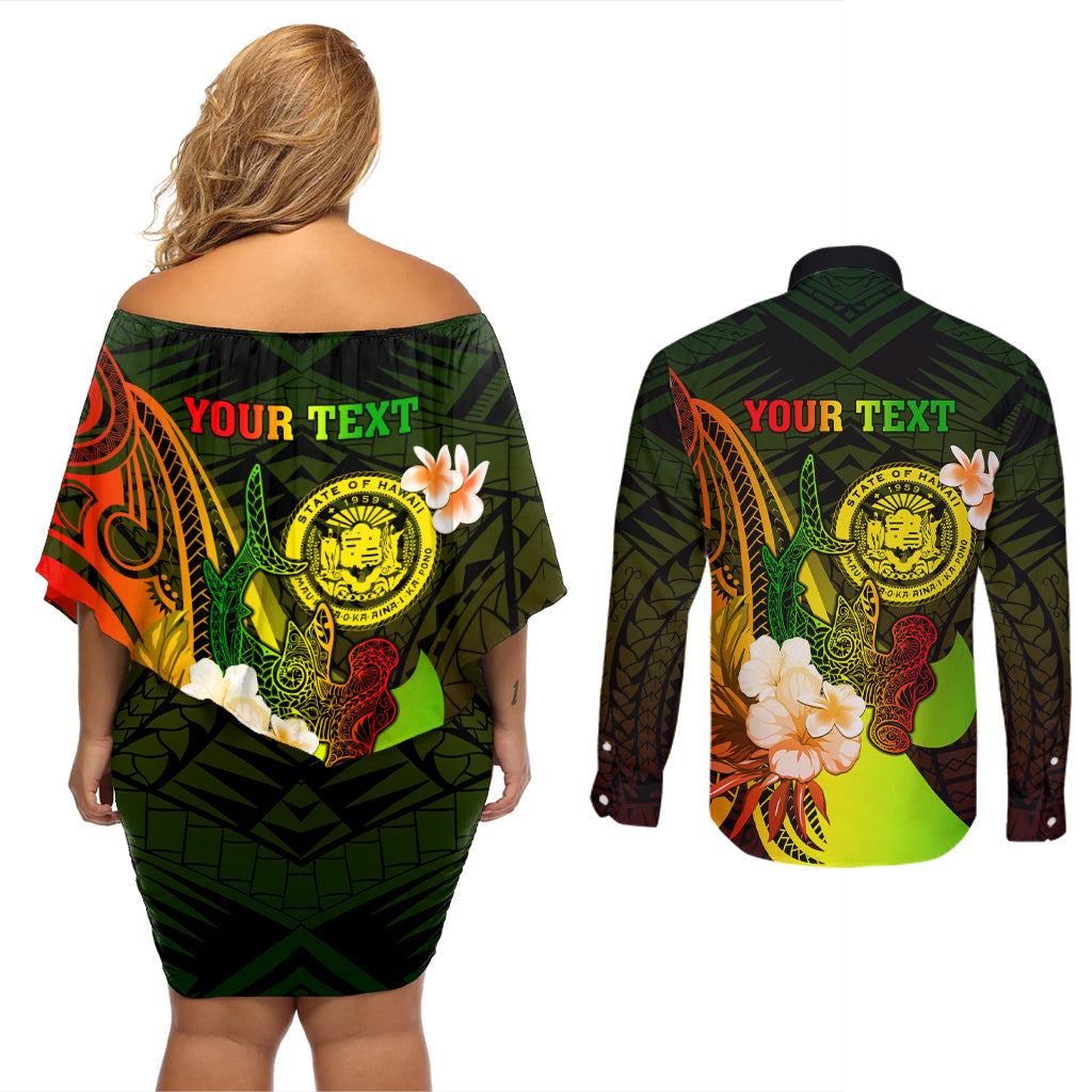 Personalised Hawaii State Motto Couples Matching Off Shoulder Short Dress and Long Sleeve Button Shirt Hawaiian Tribal Reggae Hammerhead Shark LT05 - Polynesian Pride