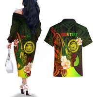 Personalised Hawaii State Motto Couples Matching Off The Shoulder Long Sleeve Dress and Hawaiian Shirt Hawaiian Tribal Reggae Hammerhead Shark LT05 - Polynesian Pride