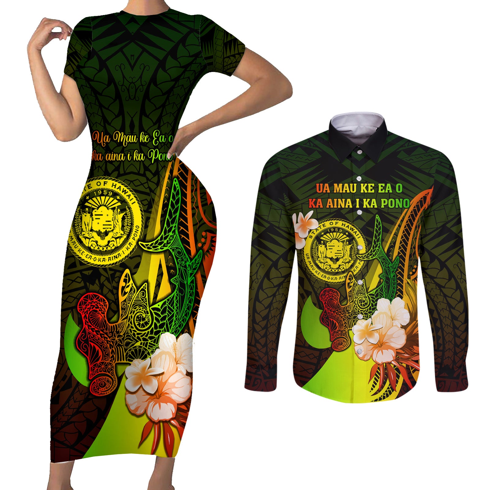 Personalised Hawaii State Motto Couples Matching Short Sleeve Bodycon Dress and Long Sleeve Button Shirt Hawaiian Tribal Reggae Hammerhead Shark LT05 Reggae - Polynesian Pride