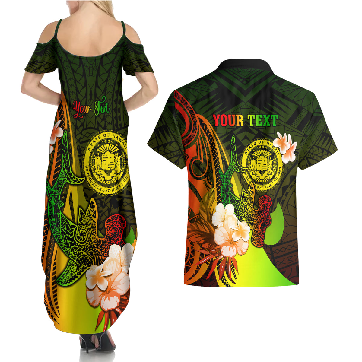 Personalised Hawaii State Motto Couples Matching Summer Maxi Dress and Hawaiian Shirt Hawaiian Tribal Reggae Hammerhead Shark LT05 - Polynesian Pride