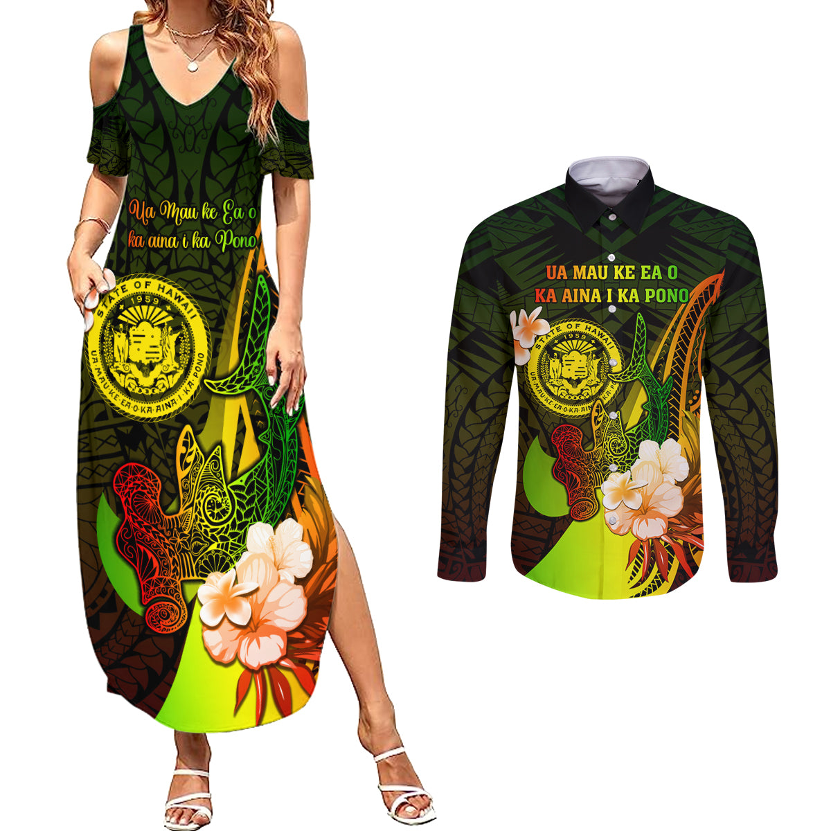 Personalised Hawaii State Motto Couples Matching Summer Maxi Dress and Long Sleeve Button Shirt Hawaiian Tribal Reggae Hammerhead Shark LT05 Reggae - Polynesian Pride