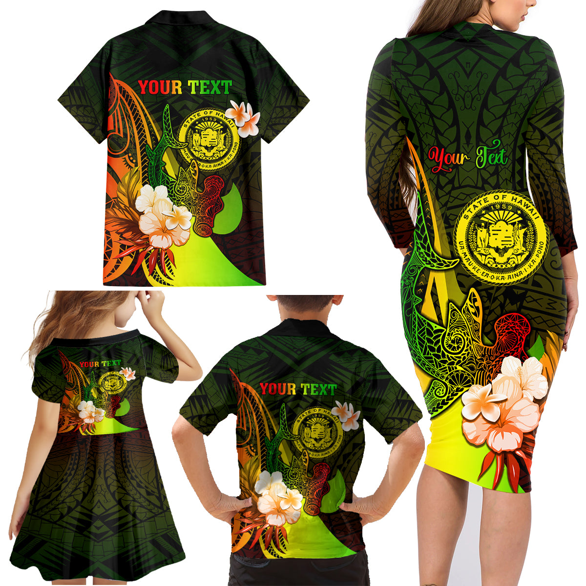 Personalised Hawaii State Motto Family Matching Long Sleeve Bodycon Dress and Hawaiian Shirt Hawaiian Tribal Reggae Hammerhead Shark LT05 - Polynesian Pride