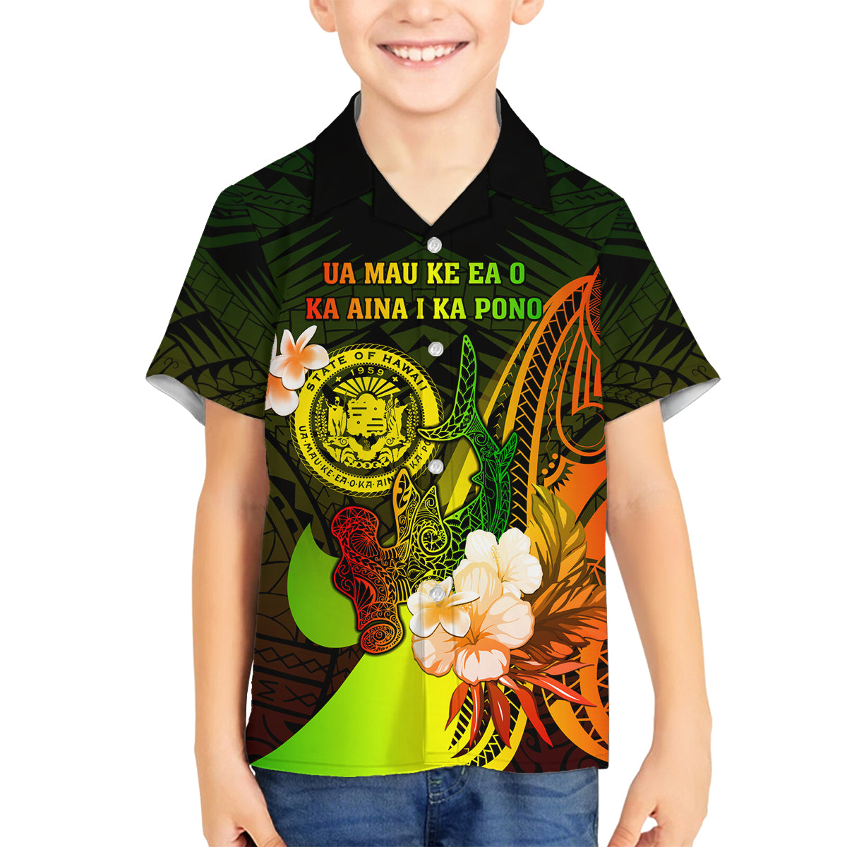 Personalised Hawaii State Motto Family Matching Tank Maxi Dress and Hawaiian Shirt Hawaiian Tribal Reggae Hammerhead Shark LT05 Son's Shirt Reggae - Polynesian Pride