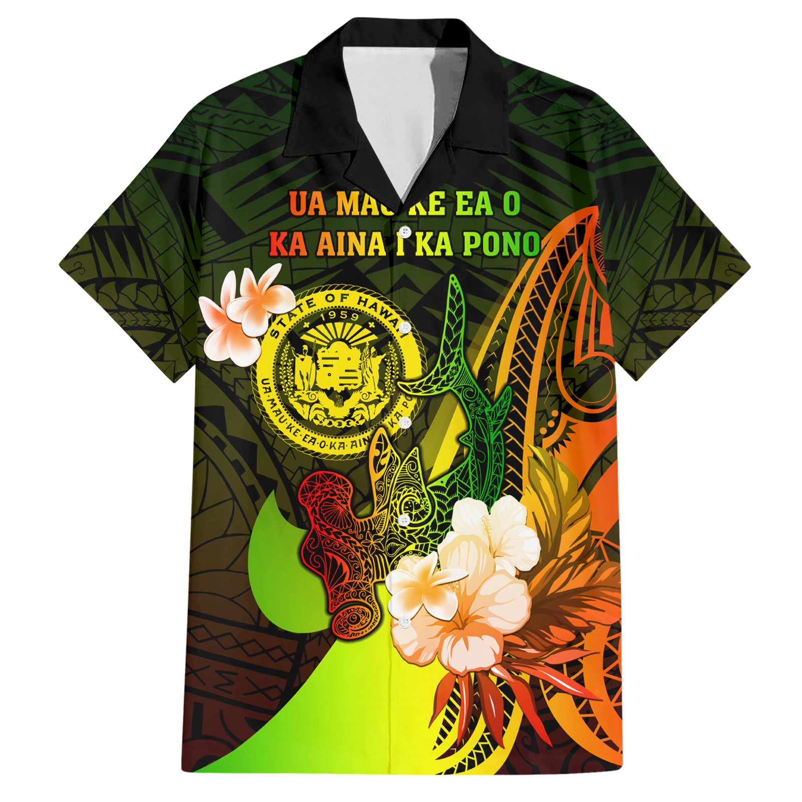 Personalised Hawaii State Motto Hawaiian Shirt Hawaiian Tribal Reggae Hammerhead Shark LT05 Reggae - Polynesian Pride