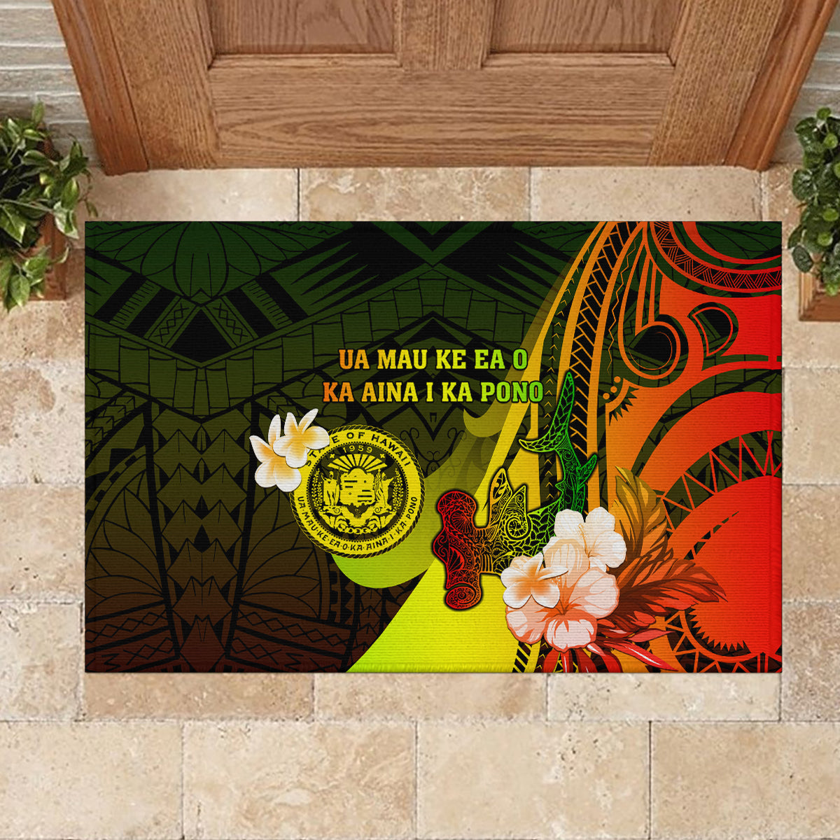 Hawaii State Motto Rubber Doormat Hawaiian Tribal Reggae Hammerhead Shark LT05 - Polynesian Pride
