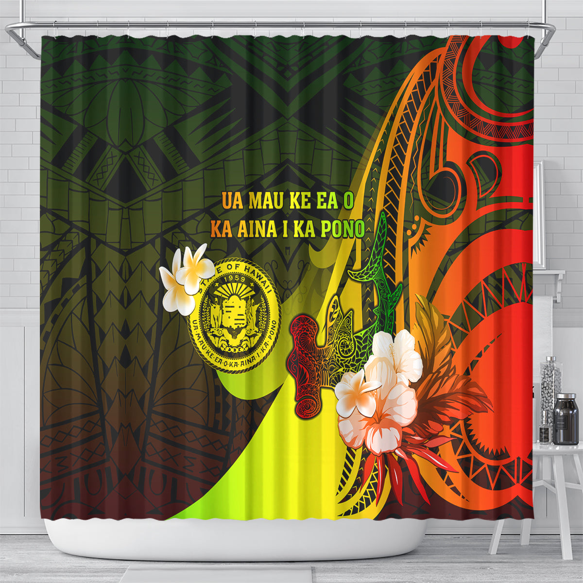 Hawaii State Motto Shower Curtain Hawaiian Tribal Reggae Hammerhead Shark LT05 - Polynesian Pride