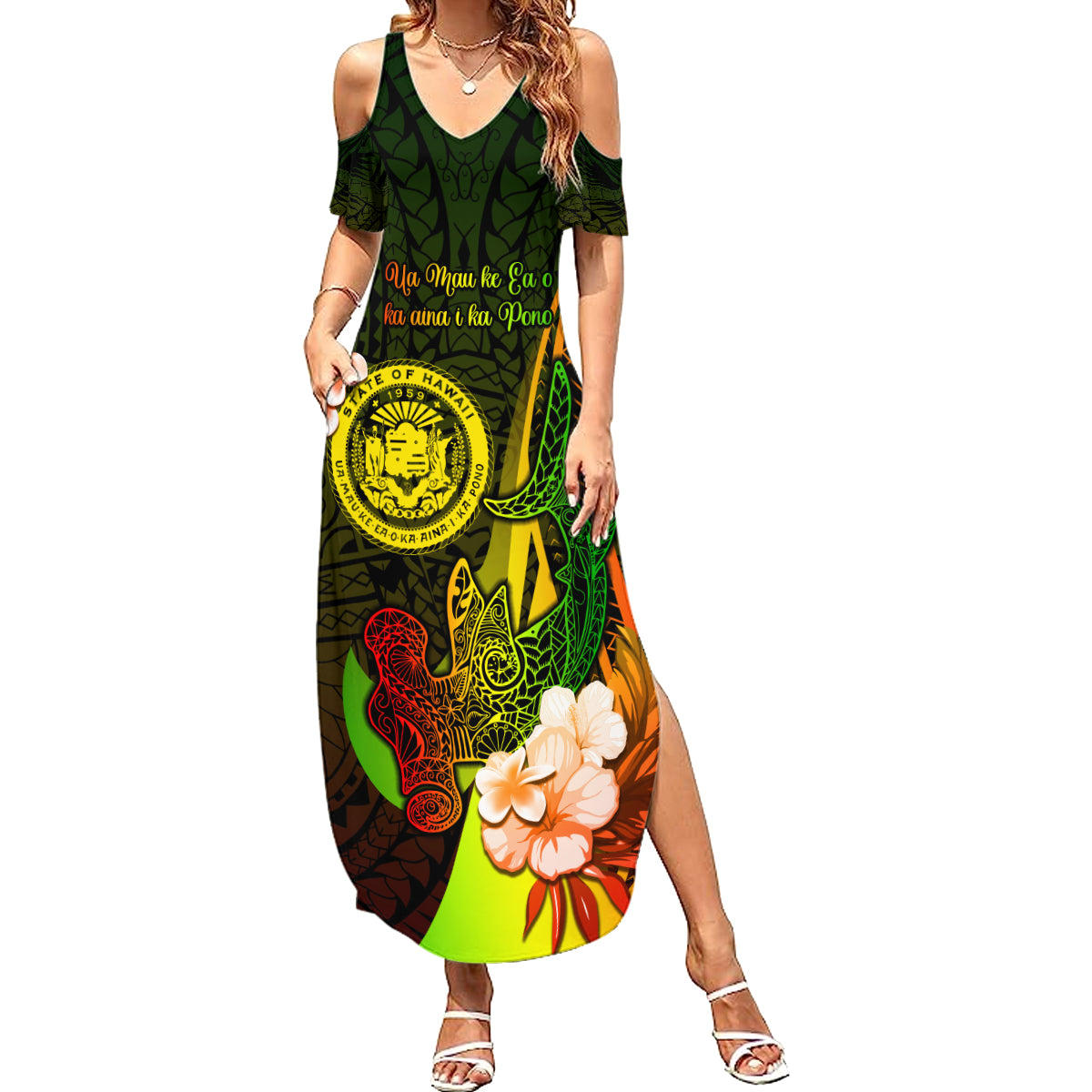 Personalised Hawaii State Motto Summer Maxi Dress Hawaiian Tribal Reggae Hammerhead Shark LT05 Women Reggae - Polynesian Pride