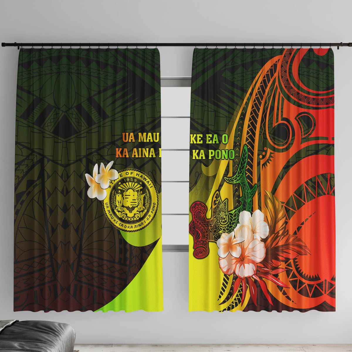 Hawaii State Motto Window Curtain Hawaiian Tribal Reggae Hammerhead Shark LT05 With Hooks Reggae - Polynesian Pride