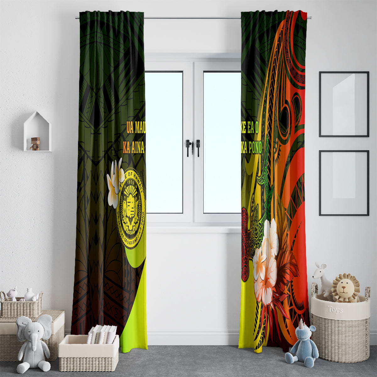 Hawaii State Motto Window Curtain Hawaiian Tribal Reggae Hammerhead Shark LT05 - Polynesian Pride