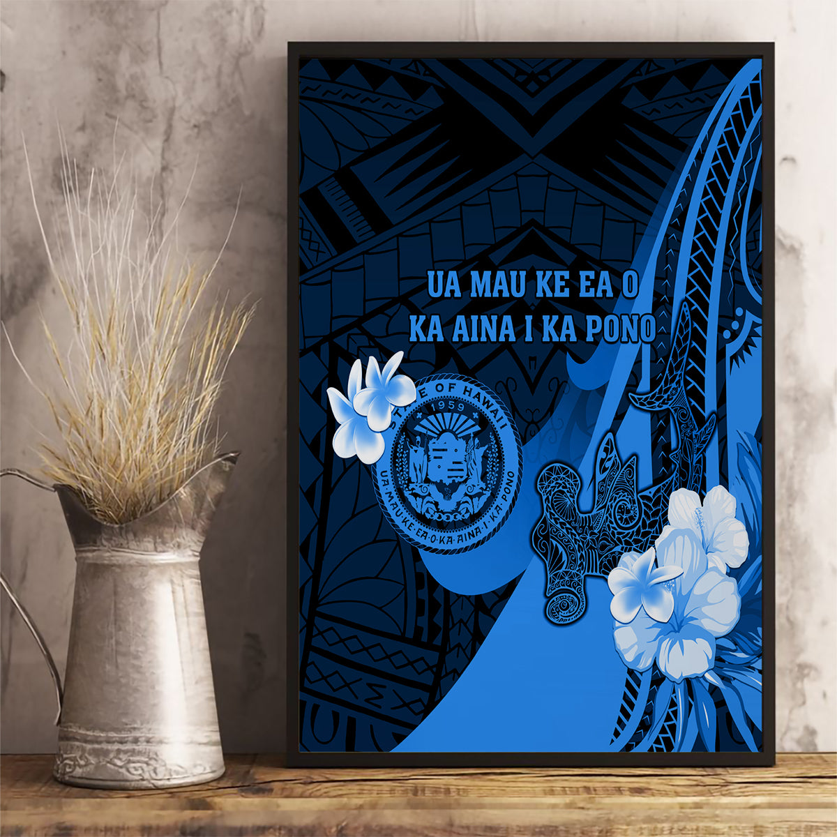 Hawaii State Motto Canvas Wall Art Hawaiian Tribal Blue Hammerhead Shark LT05 - Polynesian Pride