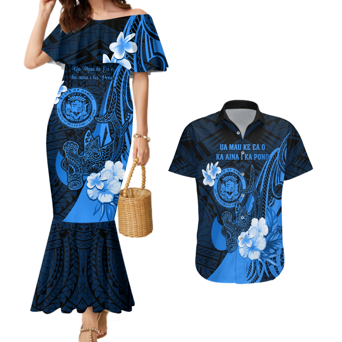 Personalised Hawaii State Motto Couples Matching Mermaid Dress and Hawaiian Shirt Hawaiian Tribal Blue Hammerhead Shark LT05 Blue - Polynesian Pride
