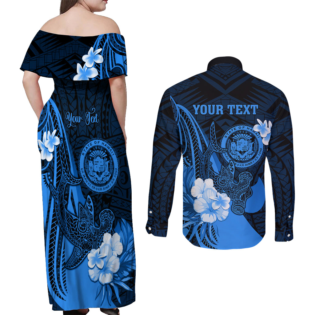 Personalised Hawaii State Motto Couples Matching Off Shoulder Maxi Dress and Long Sleeve Button Shirt Hawaiian Tribal Blue Hammerhead Shark LT05 - Polynesian Pride