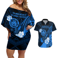 Personalised Hawaii State Motto Couples Matching Off Shoulder Short Dress and Hawaiian Shirt Hawaiian Tribal Blue Hammerhead Shark LT05 Blue - Polynesian Pride