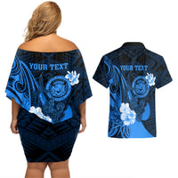 Personalised Hawaii State Motto Couples Matching Off Shoulder Short Dress and Hawaiian Shirt Hawaiian Tribal Blue Hammerhead Shark LT05 - Polynesian Pride