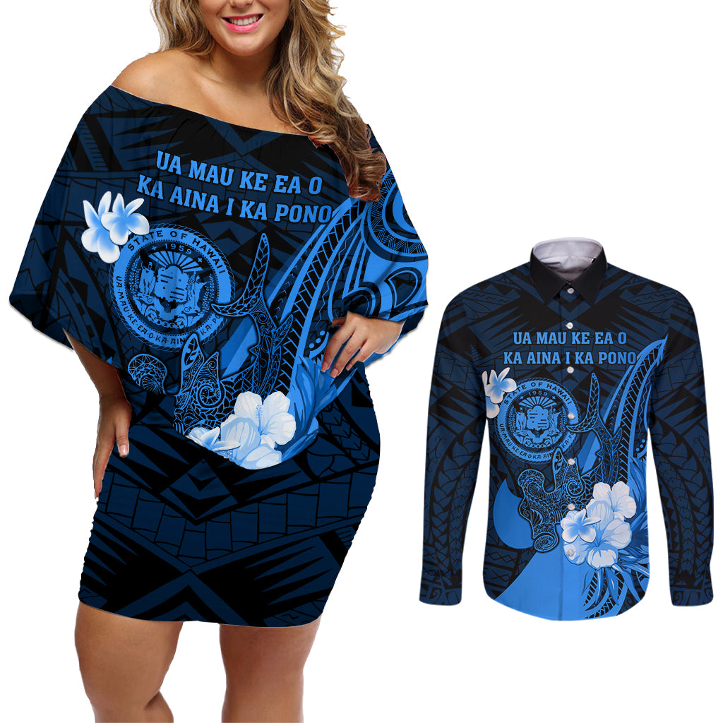 Personalised Hawaii State Motto Couples Matching Off Shoulder Short Dress and Long Sleeve Button Shirt Hawaiian Tribal Blue Hammerhead Shark LT05 Blue - Polynesian Pride