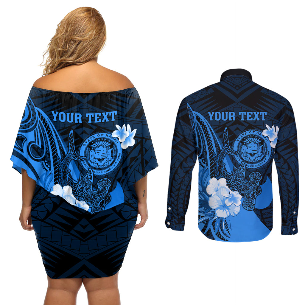 Personalised Hawaii State Motto Couples Matching Off Shoulder Short Dress and Long Sleeve Button Shirt Hawaiian Tribal Blue Hammerhead Shark LT05 - Polynesian Pride