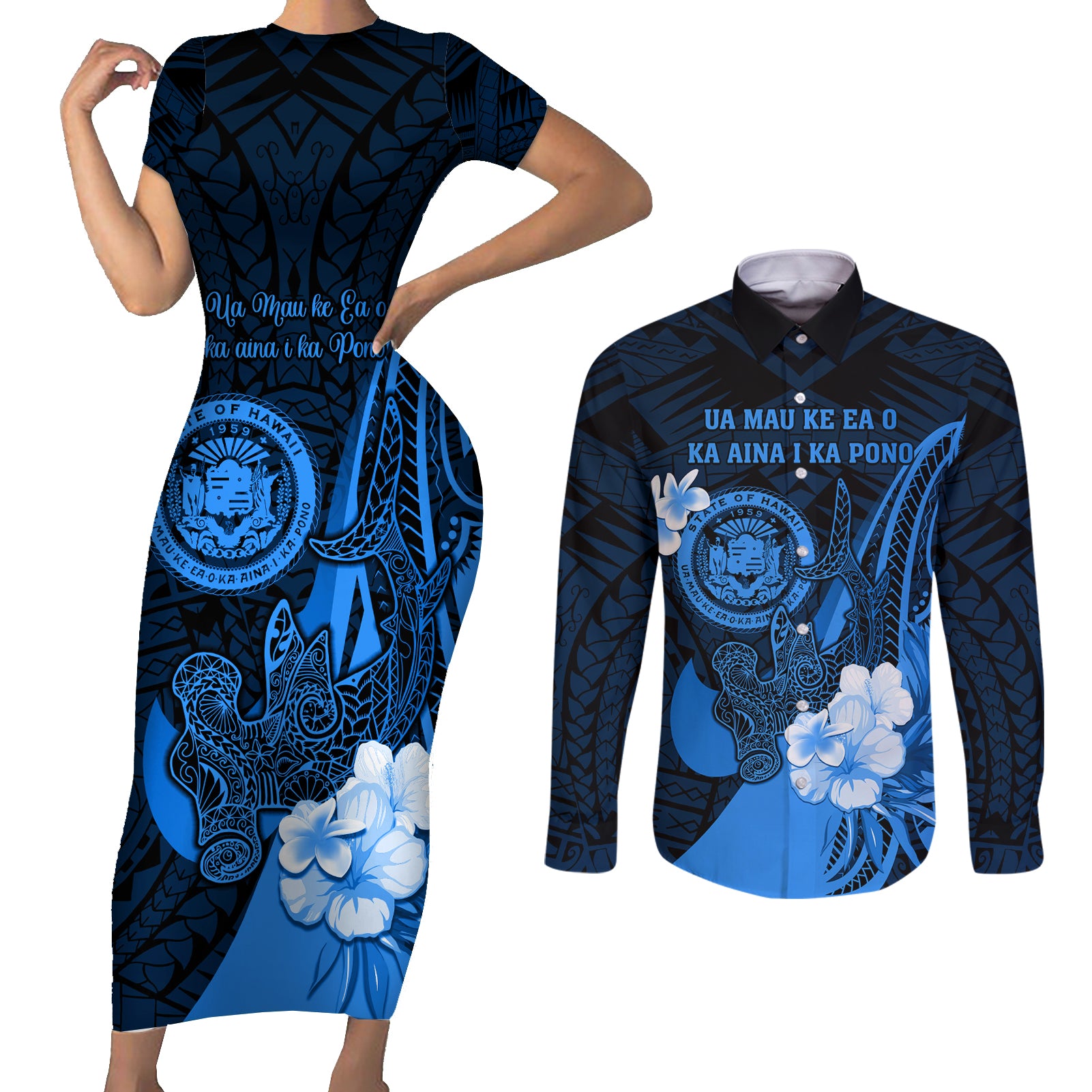 Personalised Hawaii State Motto Couples Matching Short Sleeve Bodycon Dress and Long Sleeve Button Shirt Hawaiian Tribal Blue Hammerhead Shark LT05 Blue - Polynesian Pride